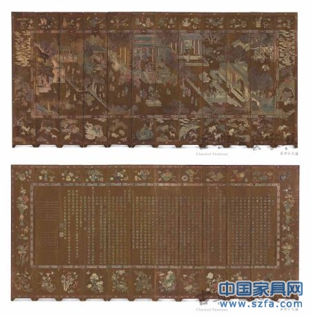 圖2 清康熙   褐漆款彩&ldquo;滿床笏&rdquo;圖十二扇屏