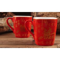 喜慶婚慶喜字龍鳳紅色杯子  骨瓷紅釉情侶漱口對(duì)杯